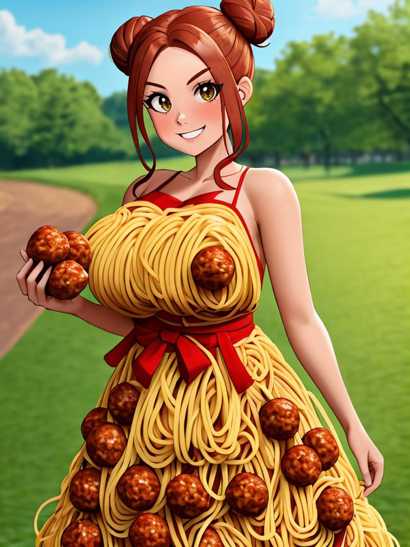 00057-smile, walking,  Messy Side Bun, (portrait photo_1.3) huge gigantic breasts, sp4gh3tt1_dr3ss, dress made of spaghetti pasta and.png